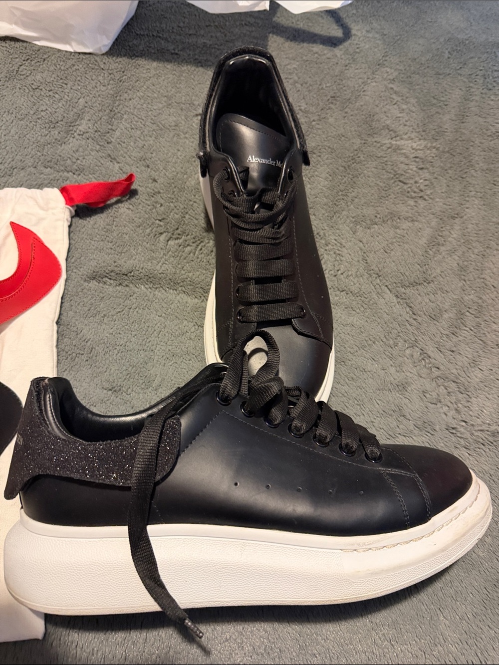 Alexander McQueen Black Leather Low-Top Sneakers with White Platform Sole